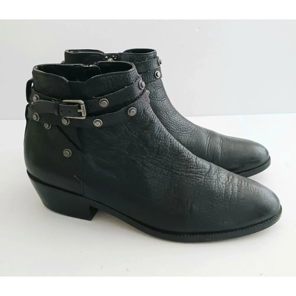 Halogen Lidia Blk Leather Moto Ankle Boot Studded Harness Buckle Strap Sz 8 - Picture 3 of 14